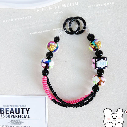 Heavy Industry Square Hand-painted Bead Mobile Phone Chain Three-Line Rice Bead String Car Keychain Pendant Exquisite Bag Pendant