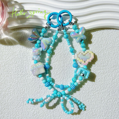 Mobile phone pendant love double chain bow mobile phone chain live broadcast hot-selling doll bead string chain keychain wholesale
