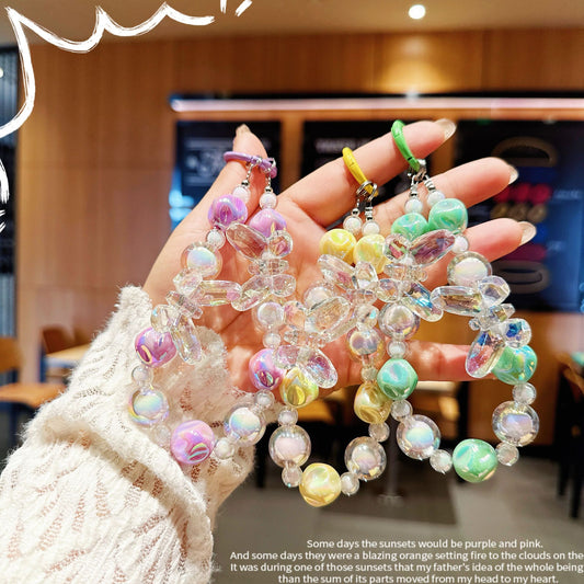 New acrylic high-transparency colorful crystal butterfly bead string mobile phone case pendant Internet celebrity same keychain mobile phone chain