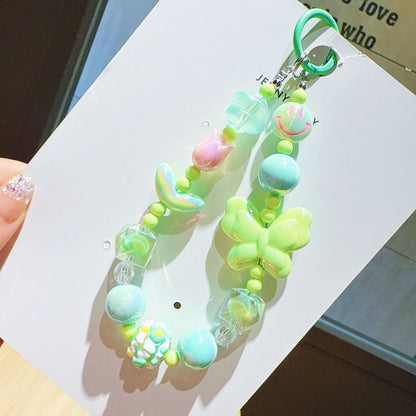 New UV Plated Butterfly Beaded Mobile Phone Chain Keychain Creative Smiley Pendant Car Key Bag Charm Gift