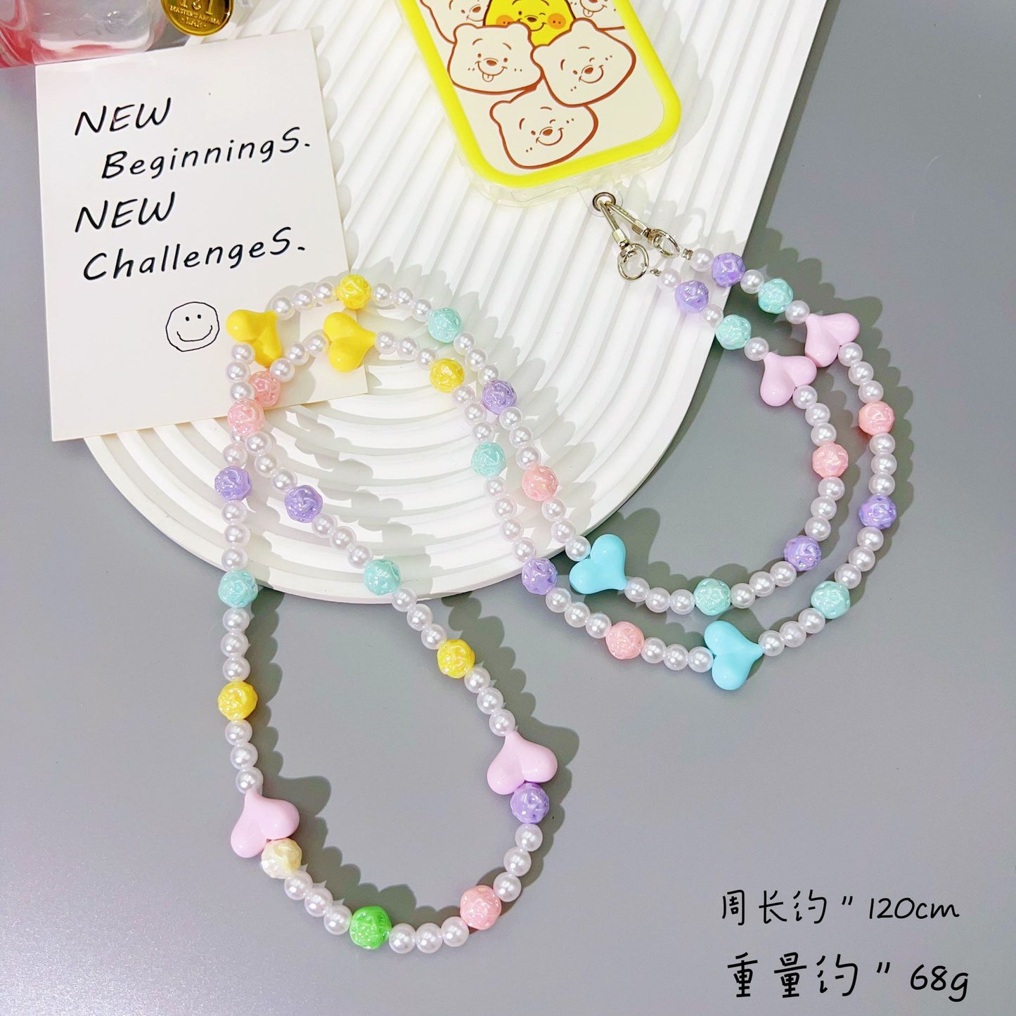 New acrylic mixed color bead string mobile phone chain girl heart oblique span chain mobile phone case lanyard anti-lost strap pendant