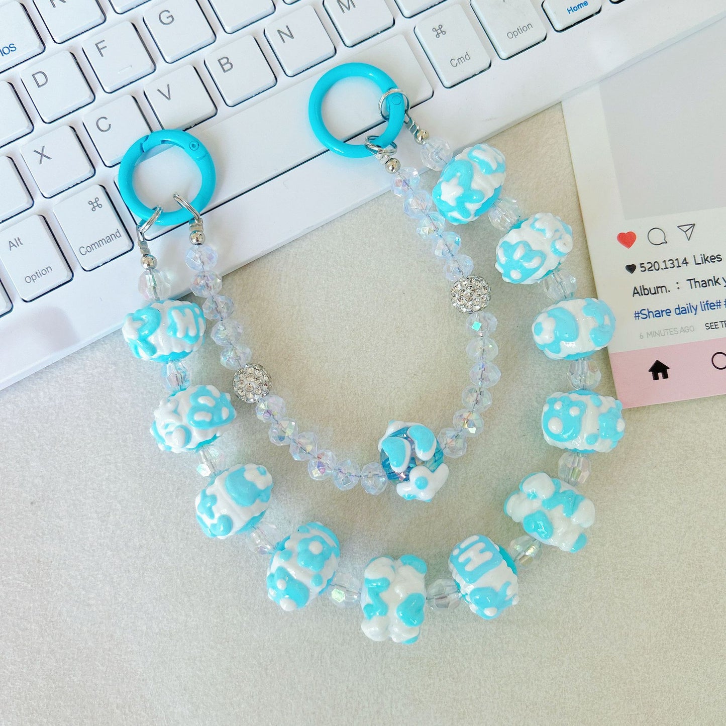 Creative bead string double chain hand-painted beads mobile phone chain cartoon doll keychain pendant bag pendant Xiaohongshu same style