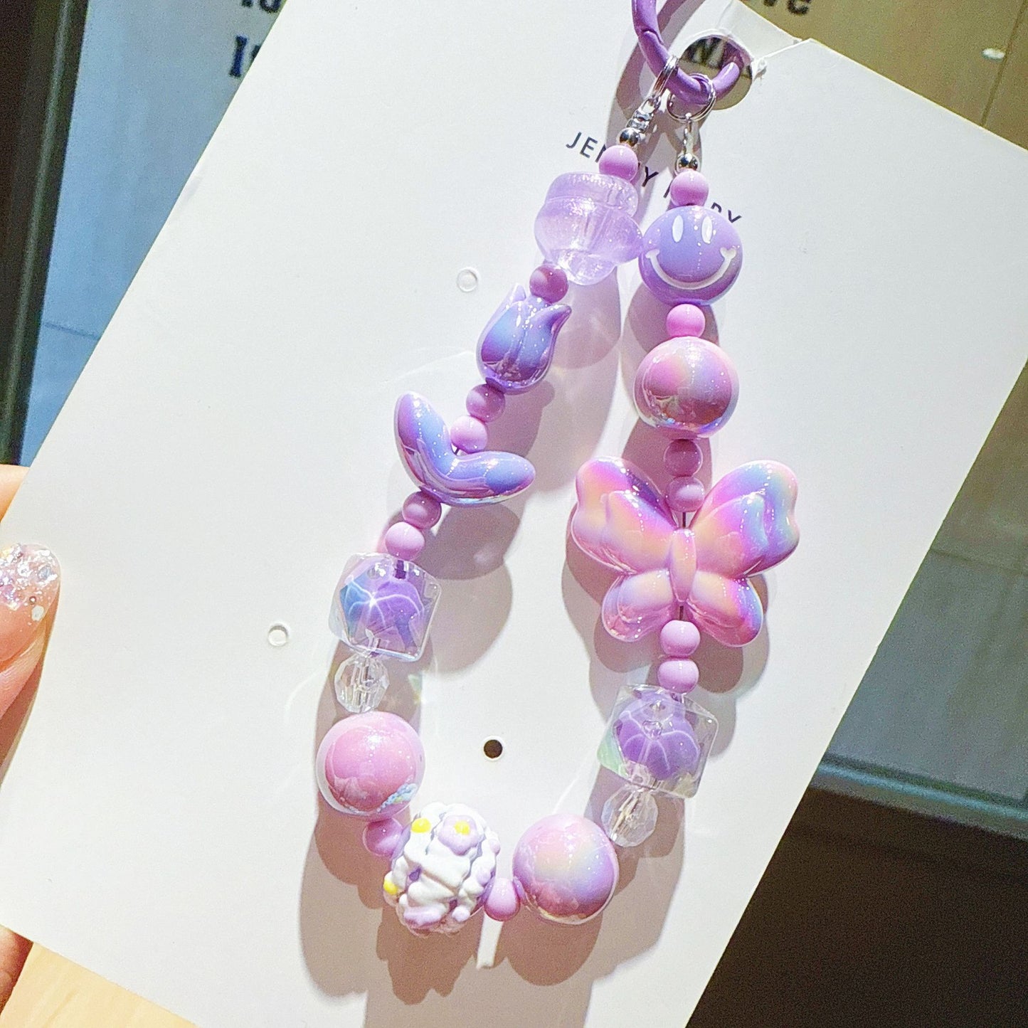 New UV Plated Butterfly Beaded Mobile Phone Chain Keychain Creative Smiley Pendant Car Key Bag Charm Gift