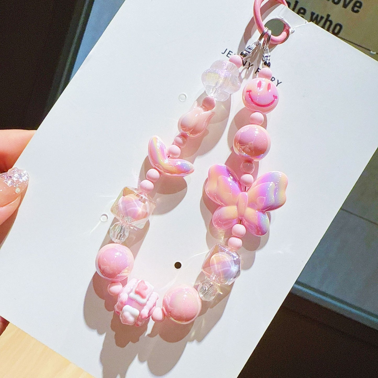 New UV Plated Butterfly Beaded Mobile Phone Chain Keychain Creative Smiley Pendant Car Key Bag Charm Gift