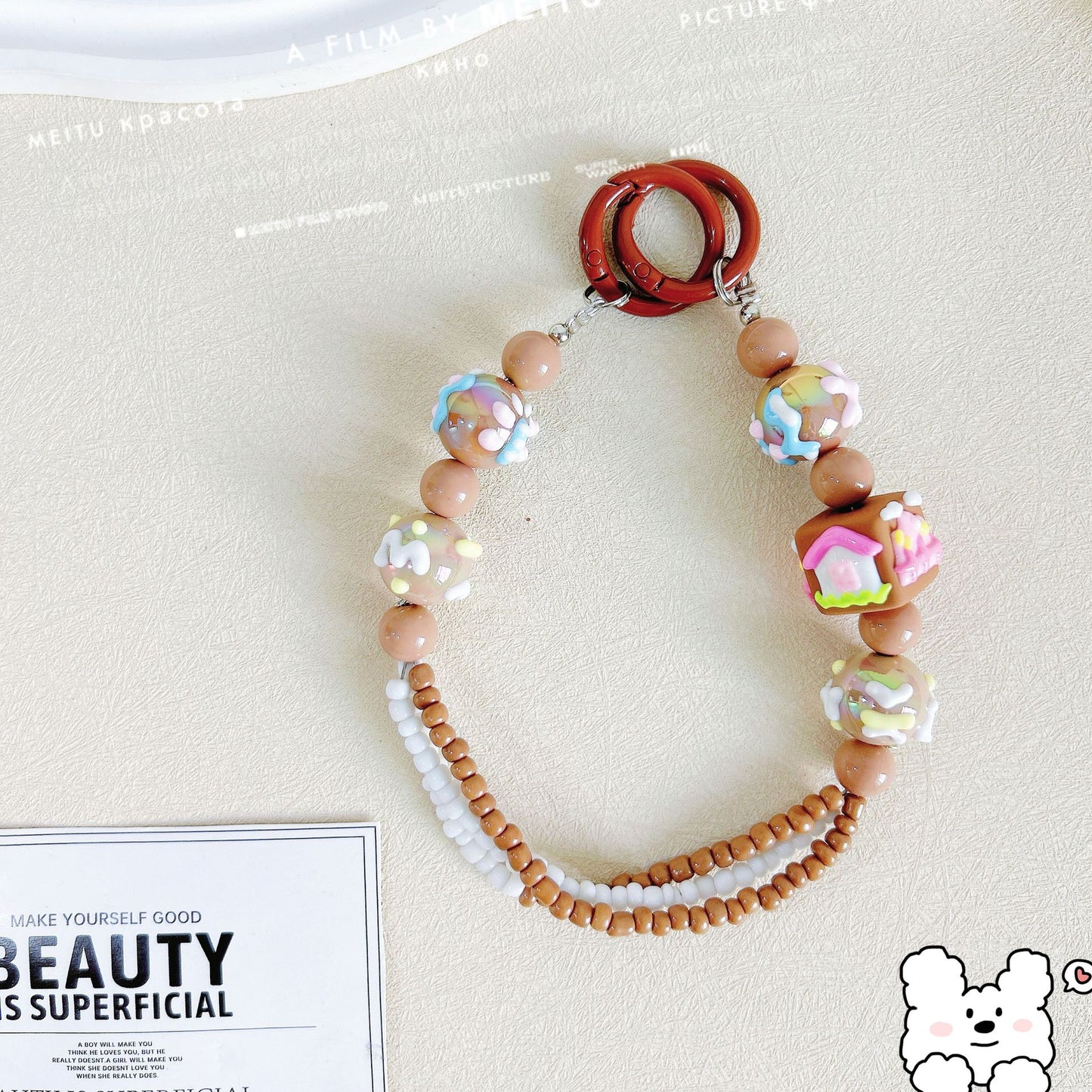 Heavy Industry Square Hand-painted Bead Mobile Phone Chain Three-Line Rice Bead String Car Keychain Pendant Exquisite Bag Pendant