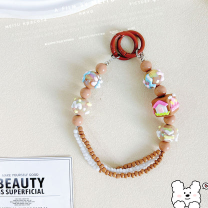 Heavy Industry Square Hand-painted Bead Mobile Phone Chain Three-Line Rice Bead String Car Keychain Pendant Exquisite Bag Pendant