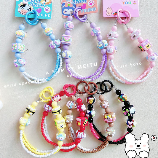 Heavy Industry Square Hand-painted Bead Mobile Phone Chain Three-Line Rice Bead String Car Keychain Pendant Exquisite Bag Pendant