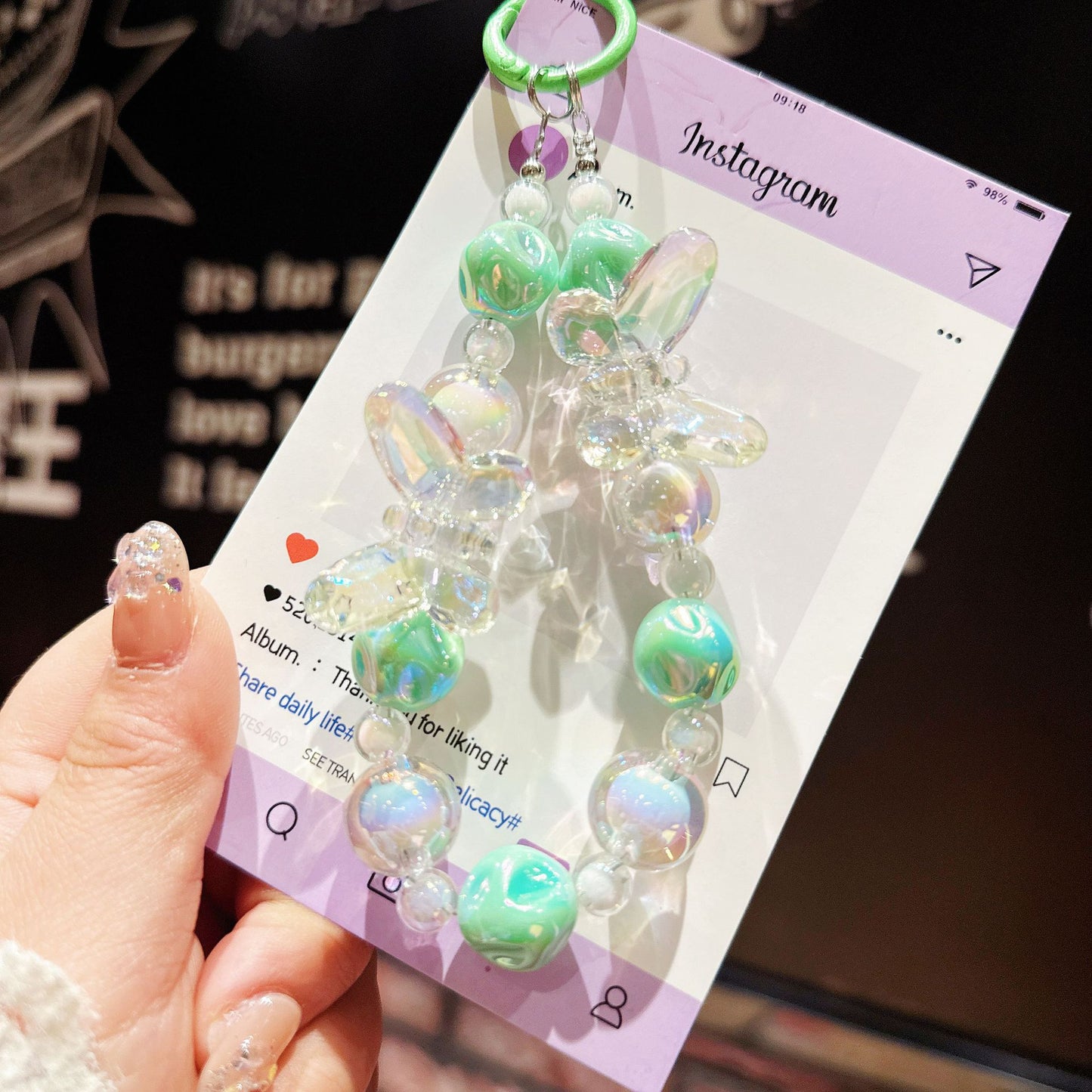 New acrylic high-transparency colorful crystal butterfly bead string mobile phone case pendant Internet celebrity same keychain mobile phone chain