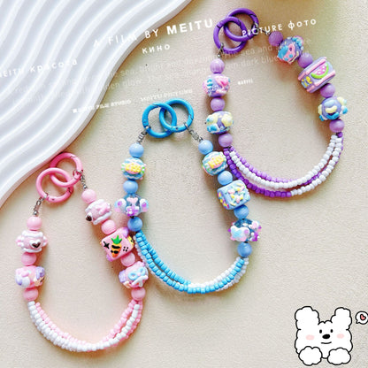 Heavy Industry Square Hand-painted Bead Mobile Phone Chain Three-Line Rice Bead String Car Keychain Pendant Exquisite Bag Pendant