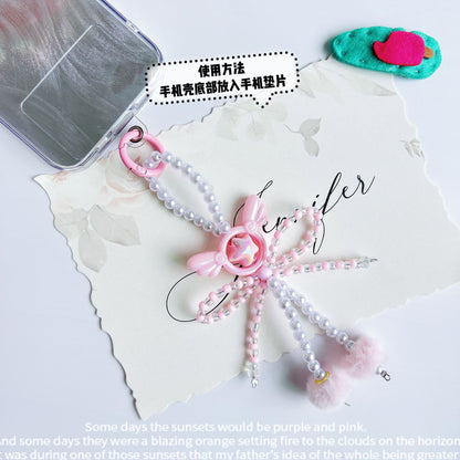 Angel wings beads string mobile phone chain creative bow hairball bag car keychain pendant mobile phone case universal