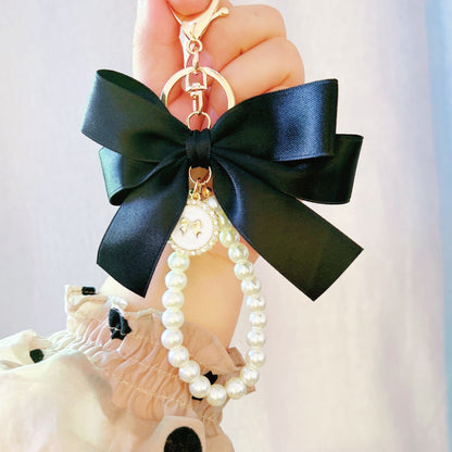 New large pearl bow keychain pendant handmade bead string hair accessories webbing cloth knot bag pendant accessories