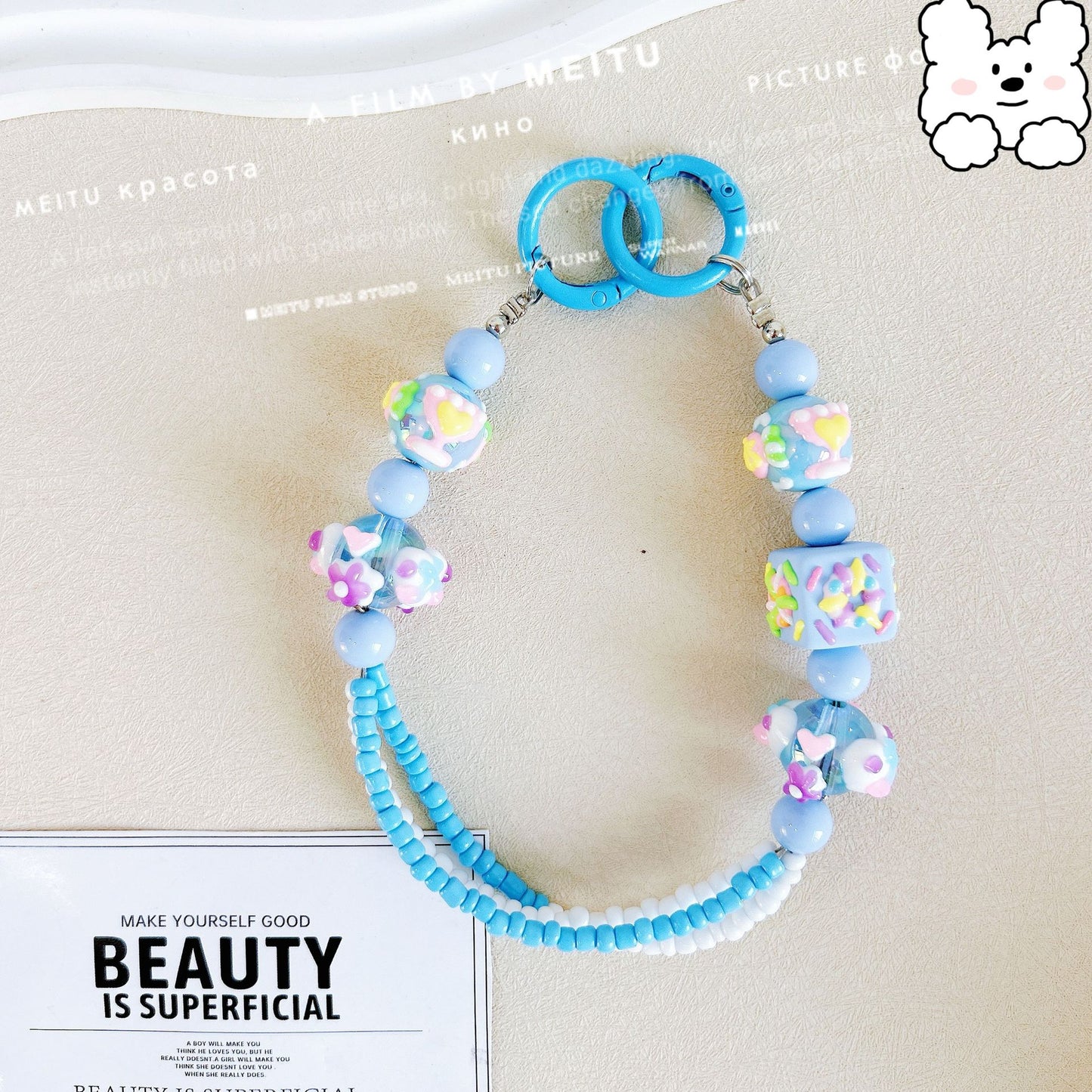 Heavy Industry Square Hand-painted Bead Mobile Phone Chain Three-Line Rice Bead String Car Keychain Pendant Exquisite Bag Pendant