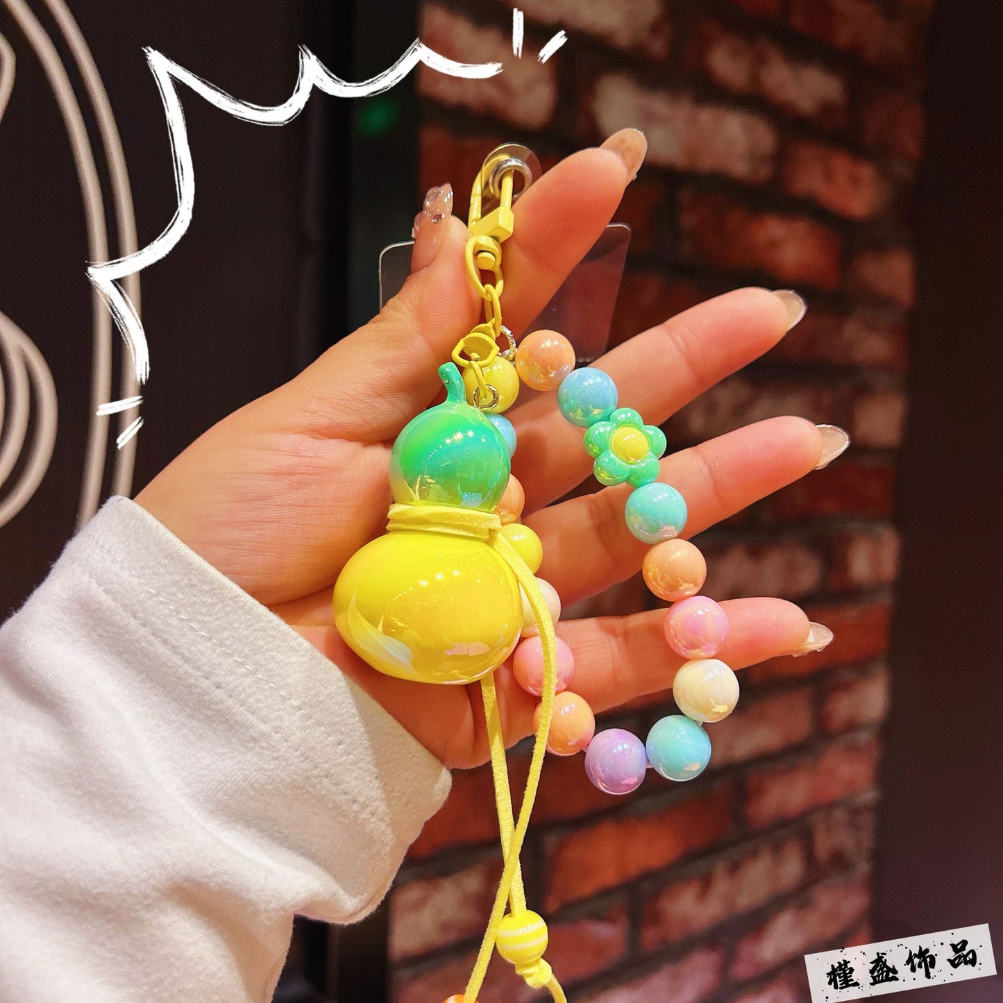 New electroplated colorful gourd keychain cartoon couple mobile phone chain bead string wrist rope anti-lost chain bag pendant