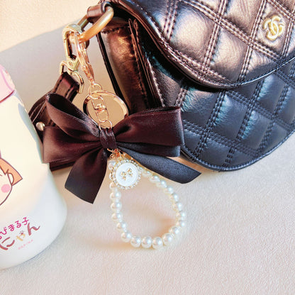 New large pearl bow keychain pendant handmade bead string hair accessories webbing cloth knot bag pendant accessories