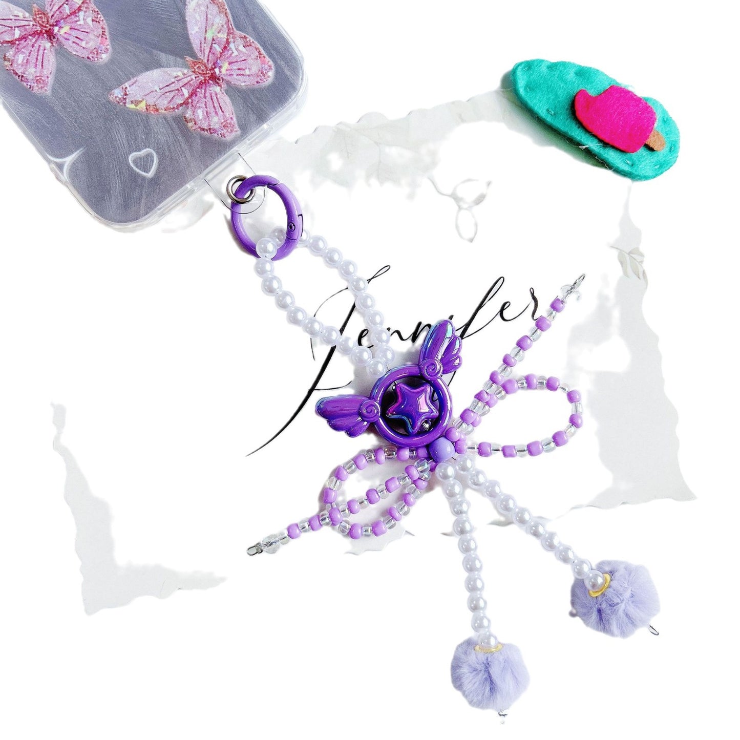 Angel wings beads string mobile phone chain creative bow hairball bag car keychain pendant mobile phone case universal