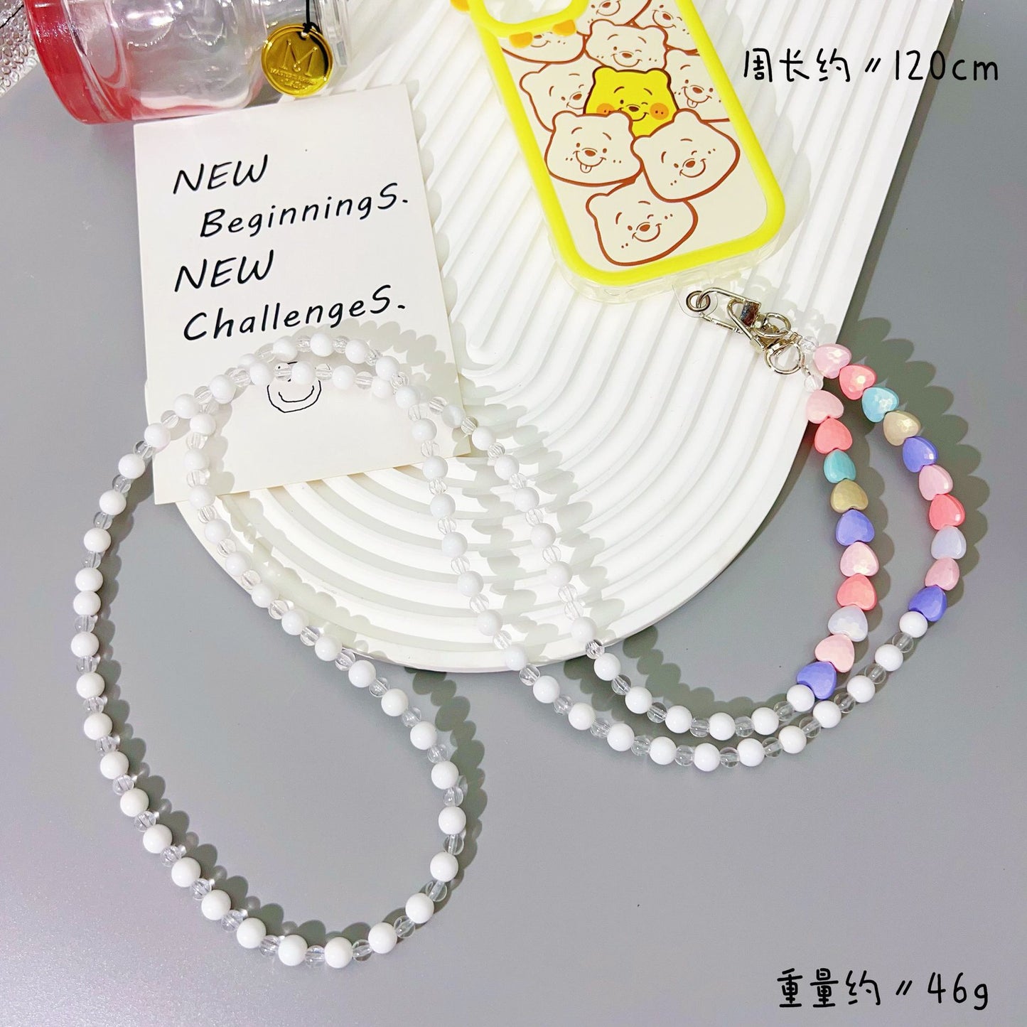 New acrylic mixed color bead string mobile phone chain girl heart oblique span chain mobile phone case lanyard anti-lost strap pendant