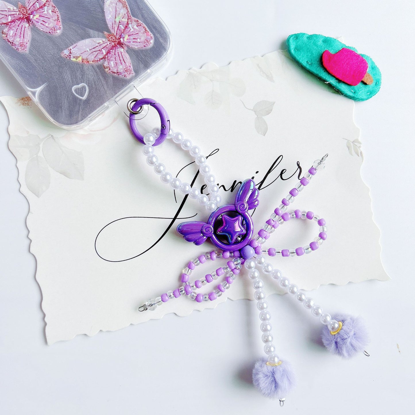 Angel wings beads string mobile phone chain creative bow hairball bag car keychain pendant mobile phone case universal