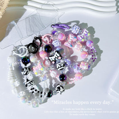 New crystal mobile phone chain pendant graffiti hand-painted bow bead string chain double buckle mobile phone case autumn and winter mobile phone chain
