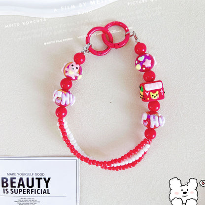 Heavy Industry Square Hand-painted Bead Mobile Phone Chain Three-Line Rice Bead String Car Keychain Pendant Exquisite Bag Pendant