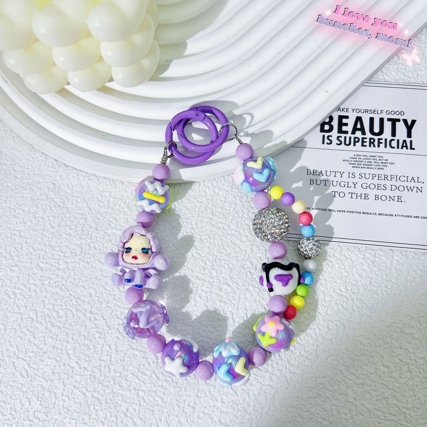 Creative hand-painted graffiti cartoon mobile phone chain diamond ball bead string mobile phone case back clip pendant keychain accessories wholesale