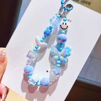 New UV Plated Butterfly Beaded Mobile Phone Chain Keychain Creative Smiley Pendant Car Key Bag Charm Gift