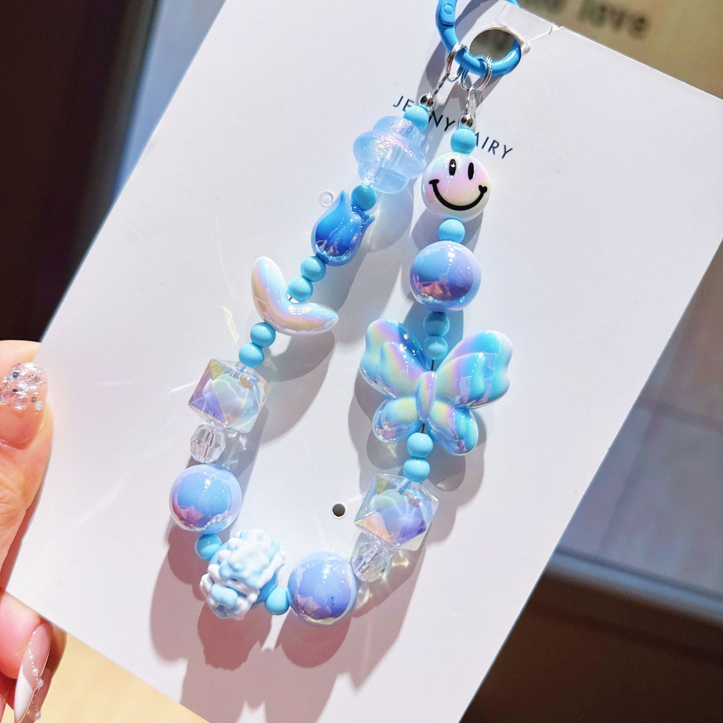 New UV Plated Butterfly Beaded Mobile Phone Chain Keychain Creative Smiley Pendant Car Key Bag Charm Gift