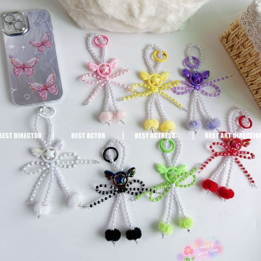 Angel wings beads string mobile phone chain creative bow hairball bag car keychain pendant mobile phone case universal