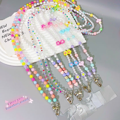 New acrylic mixed color bead string mobile phone chain girl heart oblique span chain mobile phone case lanyard anti-lost strap pendant