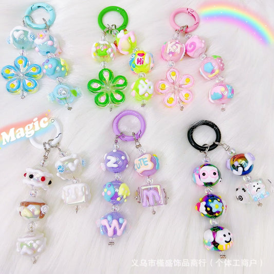 Creative hand-painted flower short mobile phone chain pendant, the same style in the live broadcast is matched with cartoon bead chain keychain bag pendant.