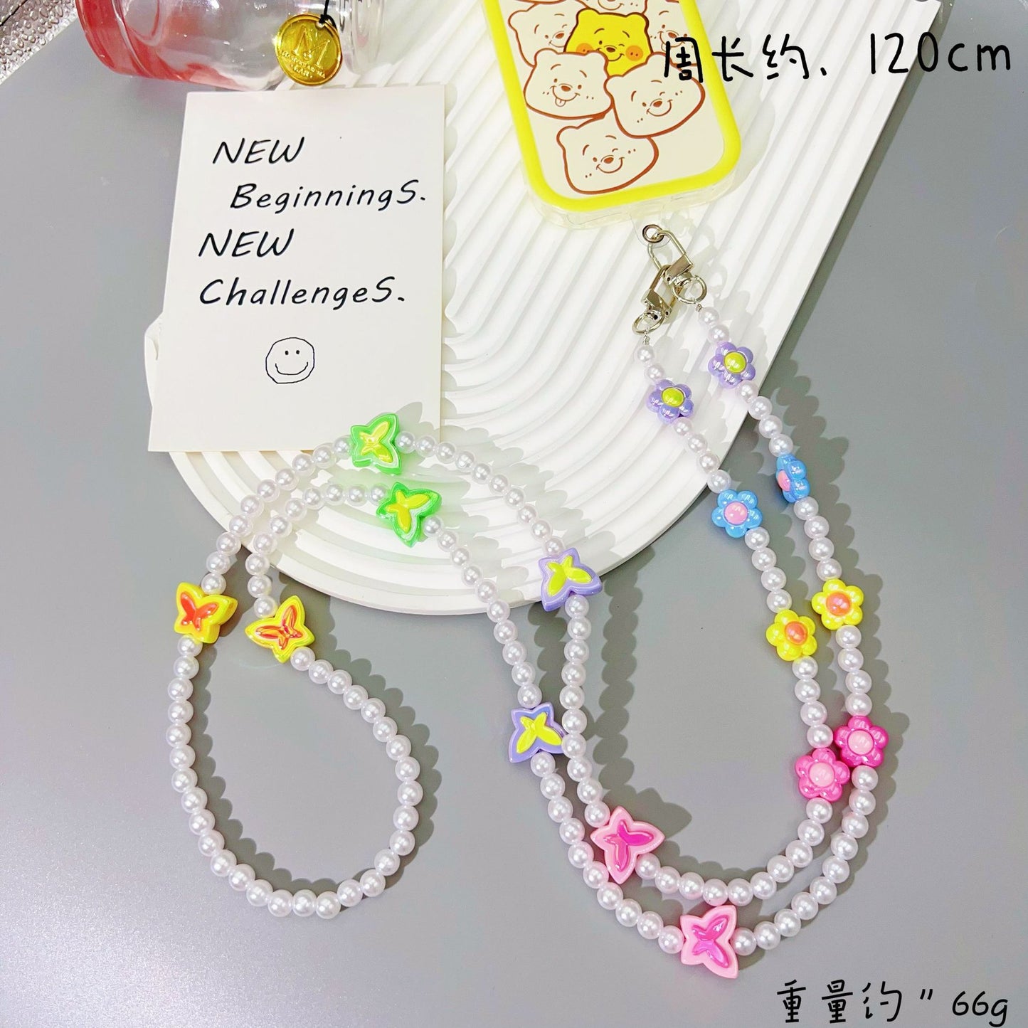 New acrylic mixed color bead string mobile phone chain girl heart oblique span chain mobile phone case lanyard anti-lost strap pendant