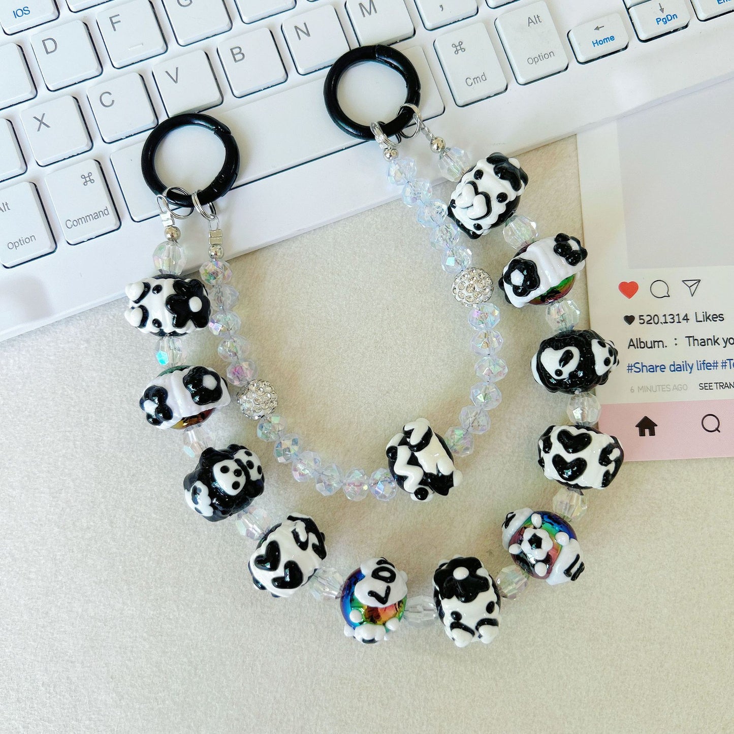 Creative bead string double chain hand-painted beads mobile phone chain cartoon doll keychain pendant bag pendant Xiaohongshu same style