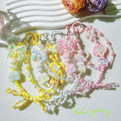 Mobile phone pendant love double chain bow mobile phone chain live broadcast hot-selling doll bead string chain keychain wholesale