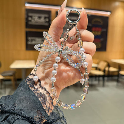 Internet celebrity high sense three-dimensional crystal bow mobile phone chain pendant key lanyard pearl mobile phone lanyard bag chain