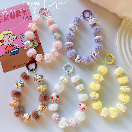 New autumn and winter hairball ring hand-painted beads, mobile phone chain beads, car keychain pendant, bag accessories, live broadcast of the same style