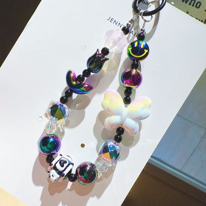 New UV Plated Butterfly Beaded Mobile Phone Chain Keychain Creative Smiley Pendant Car Key Bag Charm Gift