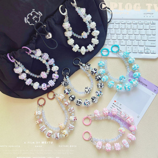 Creative bead string double chain hand-painted beads mobile phone chain cartoon doll keychain pendant bag pendant Xiaohongshu same style