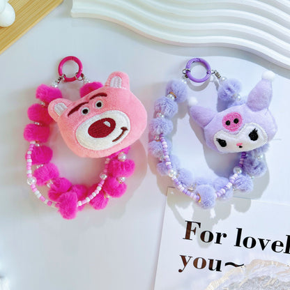Autumn and winter new cartoon strawberry bear plush mobile phone chain bead string keychain bag cute pendant bag extension chain
