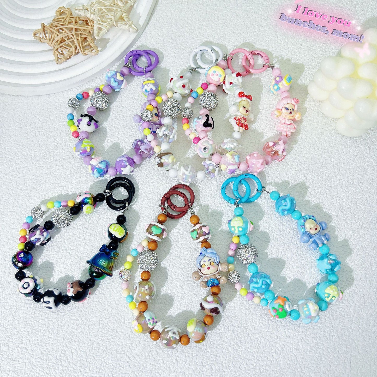 Creative hand-painted graffiti cartoon mobile phone chain diamond ball bead string mobile phone case back clip pendant keychain accessories wholesale