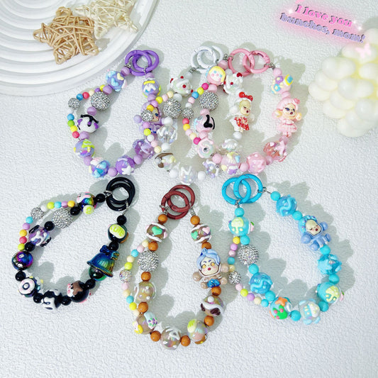 Creative hand-painted graffiti cartoon mobile phone chain diamond ball bead string mobile phone case back clip pendant keychain accessories wholesale