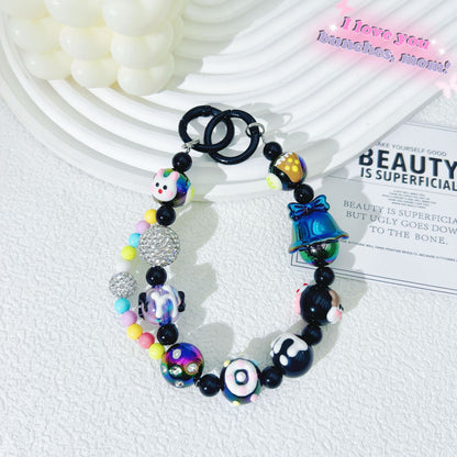 Creative hand-painted graffiti cartoon mobile phone chain diamond ball bead string mobile phone case back clip pendant keychain accessories wholesale