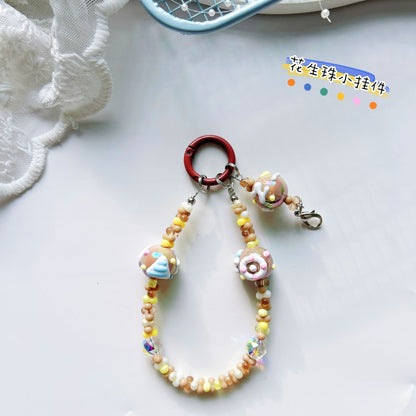 Creative rabub flocking keychain cute lanyard beads string peanut beads mobile phone chain bag pendant key chain