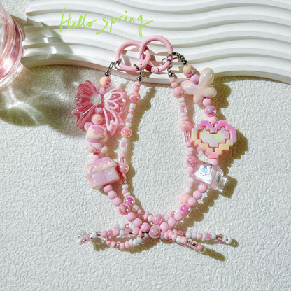 Mobile phone pendant love double chain bow mobile phone chain live broadcast hot-selling doll bead string chain keychain wholesale
