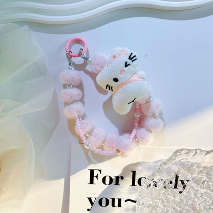 Autumn and winter new cartoon strawberry bear plush mobile phone chain bead string keychain bag cute pendant bag extension chain