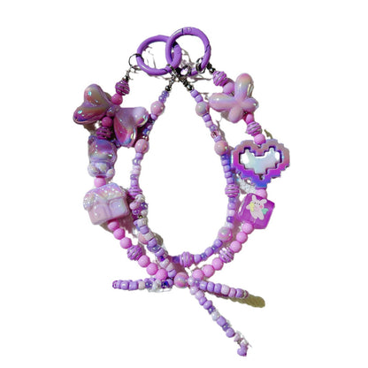 Mobile phone pendant love double chain bow mobile phone chain live broadcast hot-selling doll bead string chain keychain wholesale