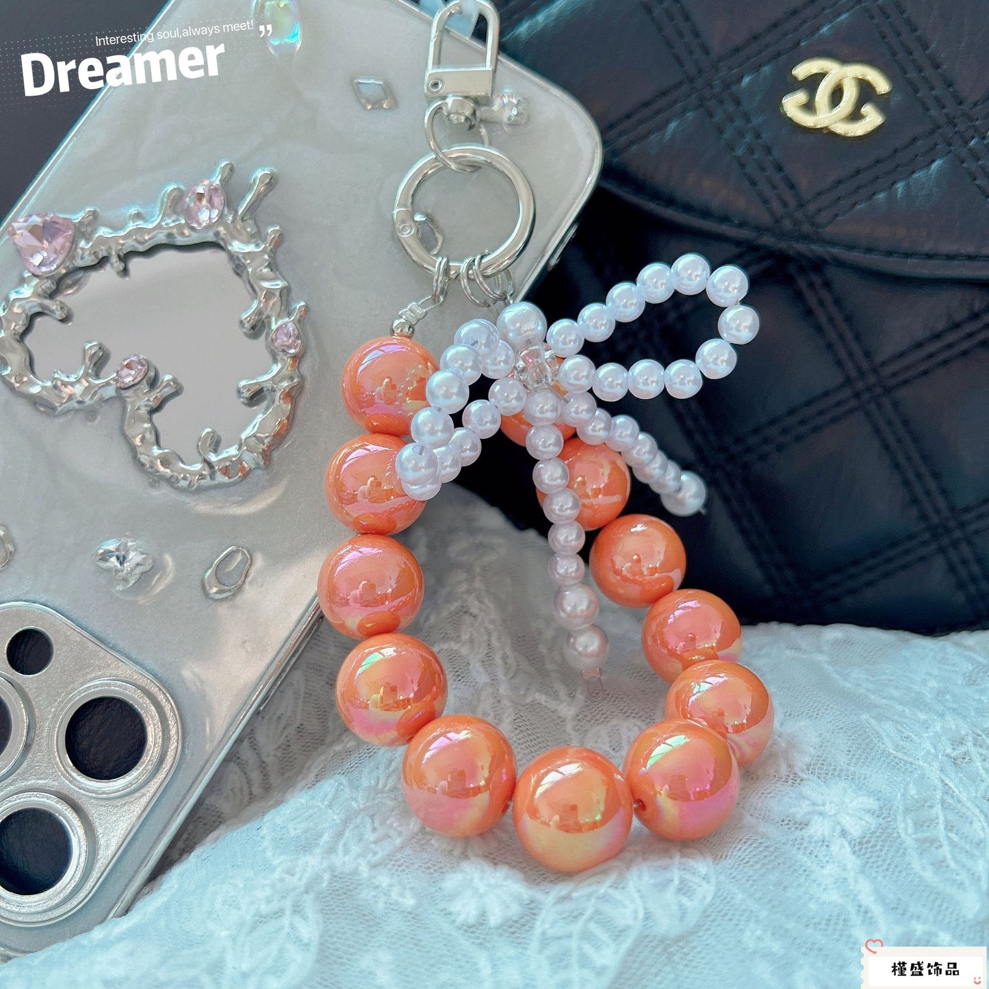 Internet celebrity pearl bow mobile phone chain girl bag exquisite pendant pink bead string wrist rope car keychain
