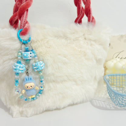 Creative rabub flocking keychain cute lanyard beads string peanut beads mobile phone chain bag pendant key chain