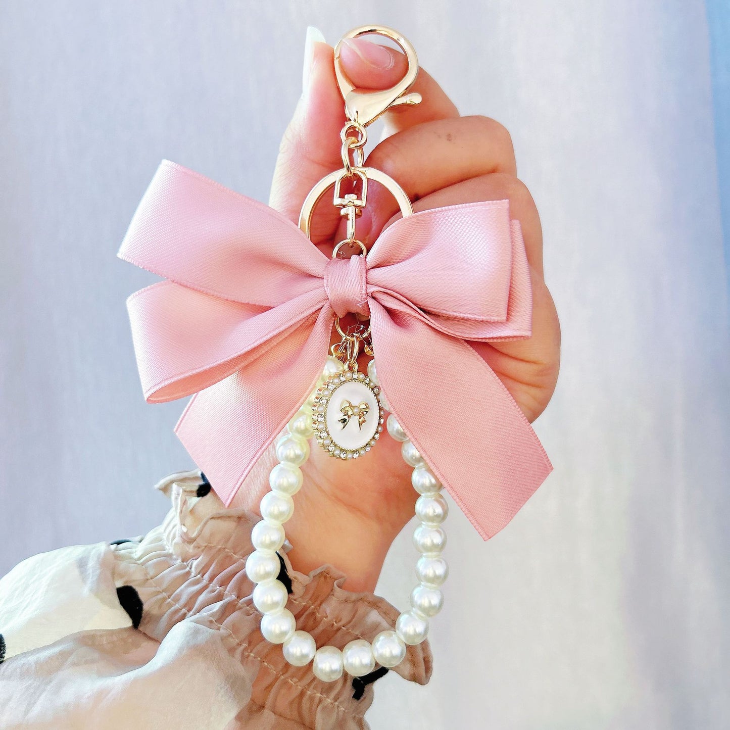 New large pearl bow keychain pendant handmade bead string hair accessories webbing cloth knot bag pendant accessories