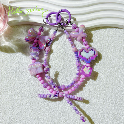 Mobile phone pendant love double chain bow mobile phone chain live broadcast hot-selling doll bead string chain keychain wholesale