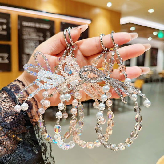 Internet celebrity high sense three-dimensional crystal bow mobile phone chain pendant key lanyard pearl mobile phone lanyard bag chain