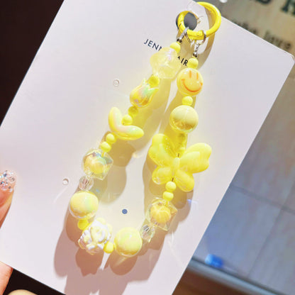 New UV Plated Butterfly Beaded Mobile Phone Chain Keychain Creative Smiley Pendant Car Key Bag Charm Gift